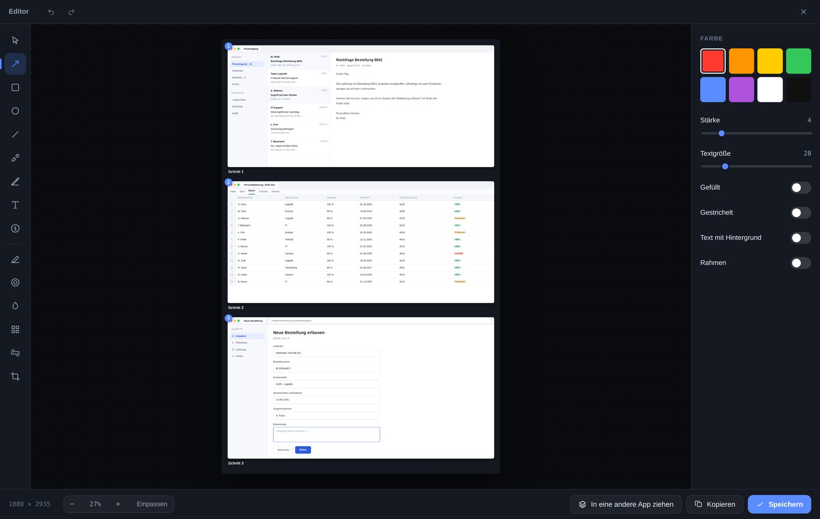 Drei Screenshots als nummerierte Anleitung im Kaptr-Editor